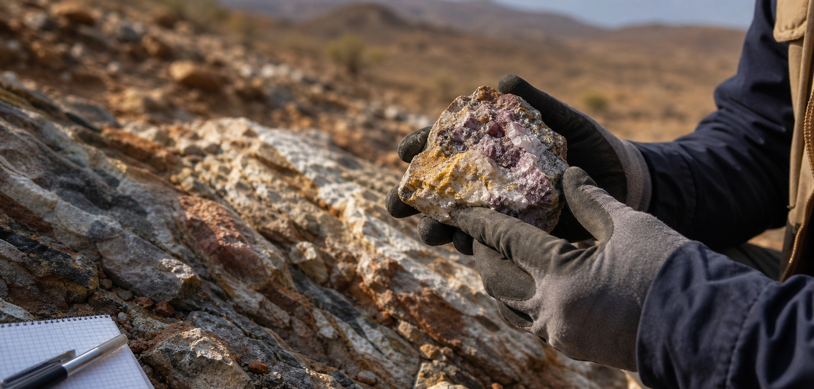 Geologist examining a rare-earth mineral sample at a field site