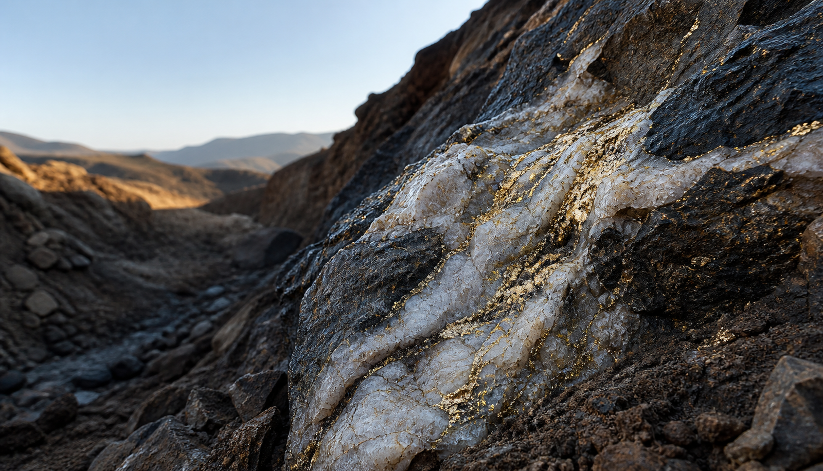 Natural gold-bearing mineral vein exposed in rock